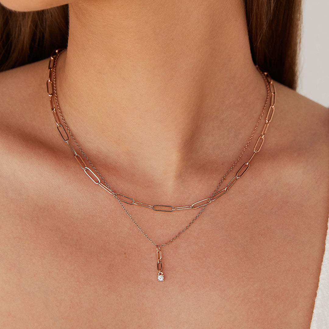 Jacinta Necklace with Zirconia Drop Pendant in Rose Gold layered with Andrea Necklace