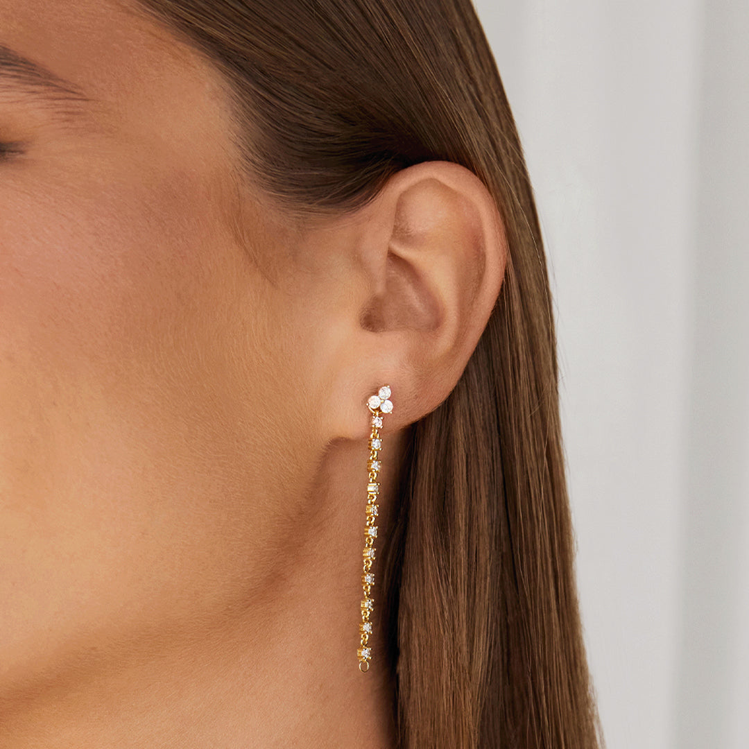 Yan Earring Chain Accessory in Gold with Zirconia styled with Fleur Earrings